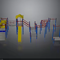 Colorful Playground Structures With Yellow Slide Red Climbing Frames And Blue Swings