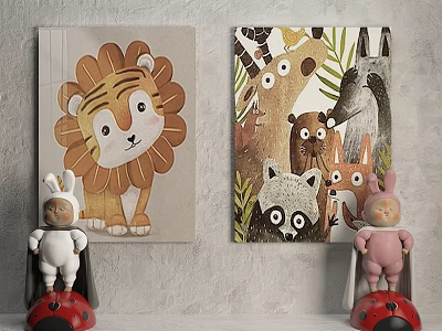 Cute Animal Paintings And Rabbit Toys With Ladybug Bases As Wall Decor 3d model