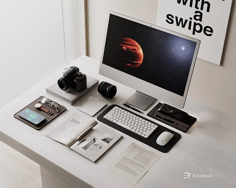 Minimalist Computer Desk Setup With Monitor Keyboard Mouse Camera Smartphone And Notebook 3d model 
