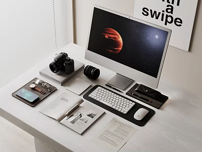 Minimalist Computer Desk Setup With Monitor Keyboard Mouse Camera Smartphone And Notebook 3d model