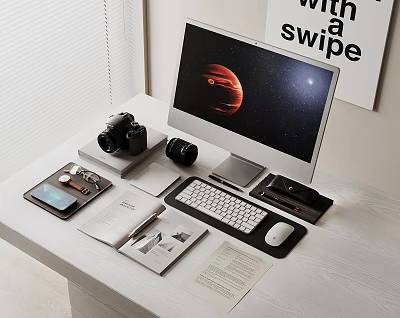 Minimalist Computer Desk Setup With Monitor Keyboard Mouse Camera Smartphone And Notebook 3d model