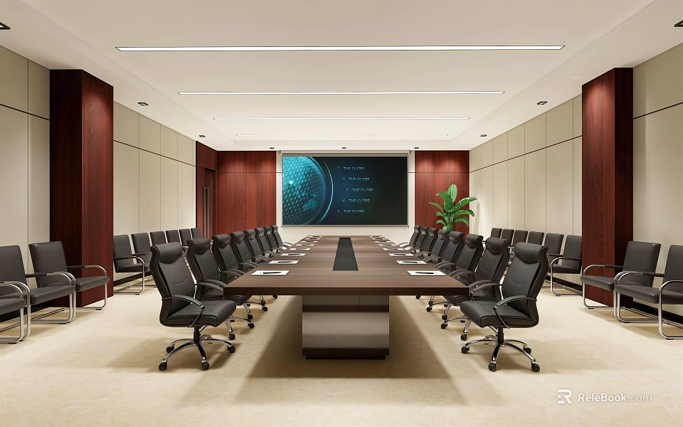 Modern Conference Room Interior Design With Long Table Black Chairs Large Screen And Green Plant 3d model 