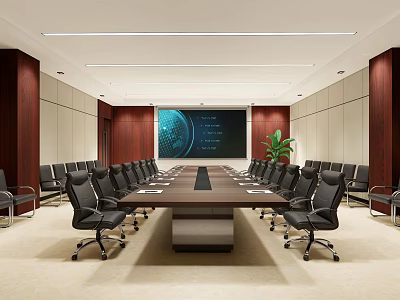 Modern Conference Room Interior Design With Long Table Black Chairs Large Screen And Green Plant 3d model