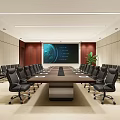 Modern Conference Room Interior Design With Long Table Black Chairs Large Screen And Green Plant