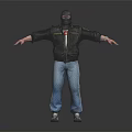 Masked Man in Black Leather Jacket Blue Jeans Arms Outstretched on Gray Reflective Floor Background