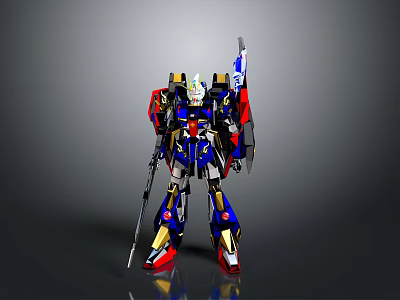 Striking Mecha Robot Character With Blue Red Gold Armor And Long Weapon Standing Pose 3d model
