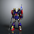 Striking Mecha Robot Character With Blue Red Gold Armor And Long Weapon Standing Pose