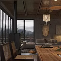 Modern Cozy Living Dining Room With Large Panoramic Lake View Windows Comfortable Furniture And Fireplace