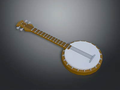 Traditional Banjo Musical Instrument With Wooden Neck White Head And Strings 3d model