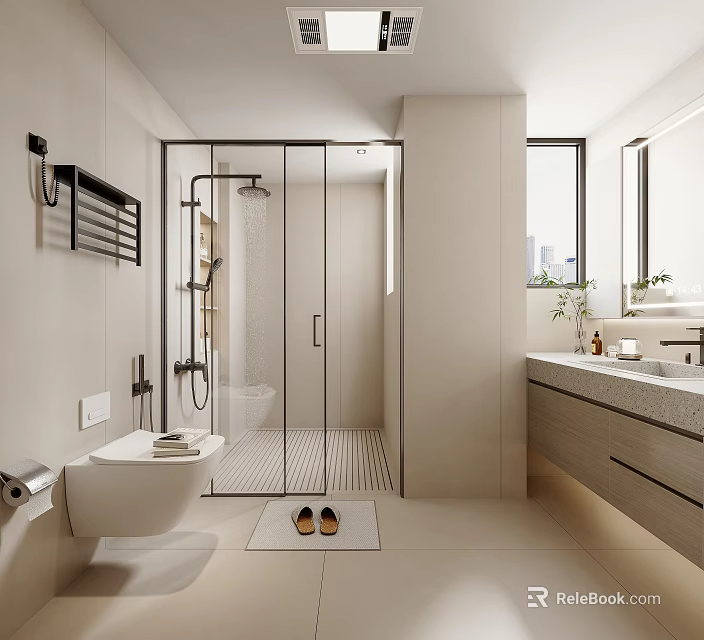Modern Bathroom Interior Design With Glass Shower Enclosure Wall-Hung Toilet And Marble Vanity Countertop 3d model 