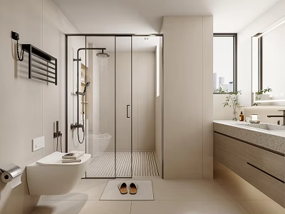 Modern Bathroom Interior Design With Glass Shower Enclosure Wall-Hung Toilet And Marble Vanity Countertop 3d model