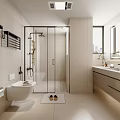 Modern Bathroom Interior Design With Glass Shower Enclosure Wall-Hung Toilet And Marble Vanity Countertop