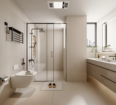Modern Bathroom Interior Design With Glass Shower Enclosure Wall-Hung Toilet And Marble Vanity Countertop 3d model