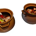 Textured Brown Ceramic Pots with Double Handles and Fresh Ingredients for Home Use