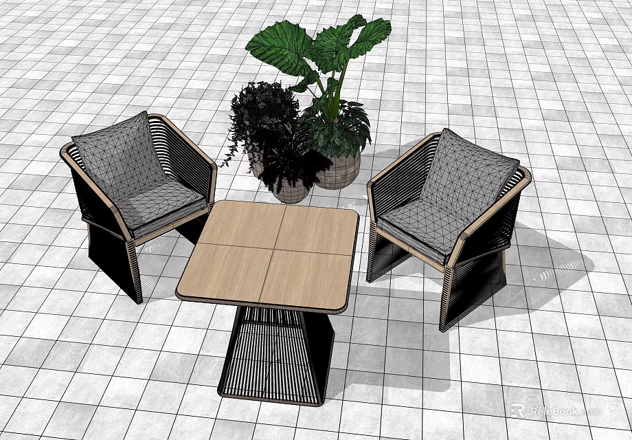 Two Woven Leisure Chairs With Square Wooden Table And Green Plants On Tile Floor 3d model 