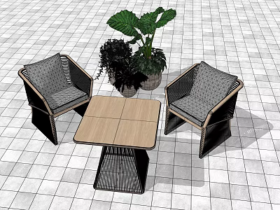 Two Woven Leisure Chairs With Square Wooden Table And Green Plants On Tile Floor 3d model