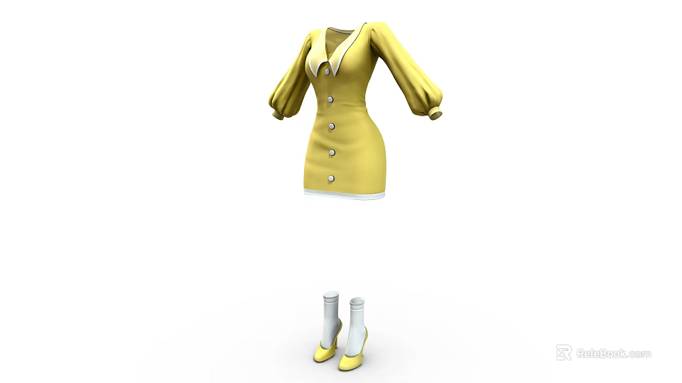 Yellow Button Front Dress With Puffed Sleeves And White Socks Yellow Shoes 3d model 