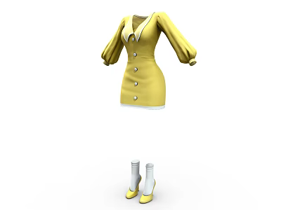 Yellow Button Front Dress With Puffed Sleeves And White Socks Yellow Shoes 3d model