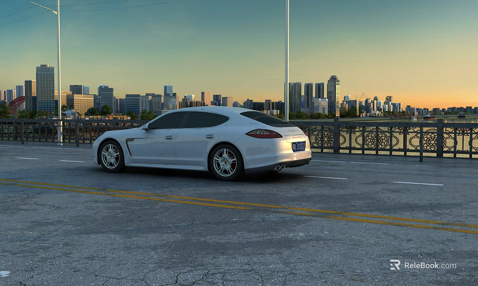 Urban Road Facilities Including Street Lamps Railings Yellow Lines And White Car At Sunset 3d model 