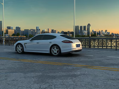 Urban Road Facilities Including Street Lamps Railings Yellow Lines And White Car At Sunset 3d model