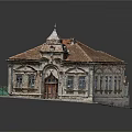 Classical Style Building Model With Sloped Red Tile Roof Stone Exterior Windows And Door