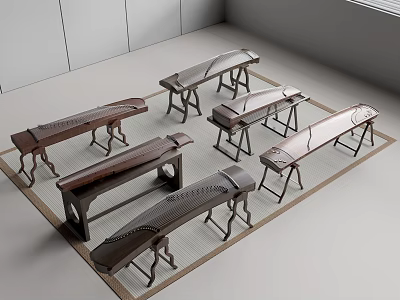 Multiple Chinese Guqin Musical Instruments With Stands On Carpeted Floor White Walls And Windows 3d model