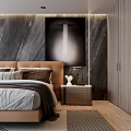 Modern Bedroom Interior With Marble Wall Upholstered Headboard Green Accent Chair And Wardrobe