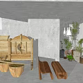 Bonsai Potted Plants In Modern Indoor Space With Gray Walls And Hanging Pendant Lights