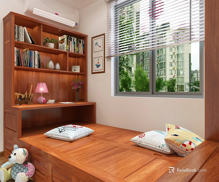Cozy Wooden Room Interior With Bookshelf Desk Bed Pillows And Window View 3d model 
