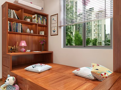 Cozy Wooden Room Interior With Bookshelf Desk Bed Pillows And Window View 3d model