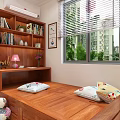 Cozy Wooden Room Interior With Bookshelf Desk Bed Pillows And Window View