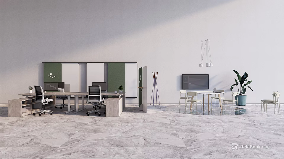 Modern Office Desk With Minimalist Design Office Chair Partition Pendant Lights And Marble Floor 3d model 