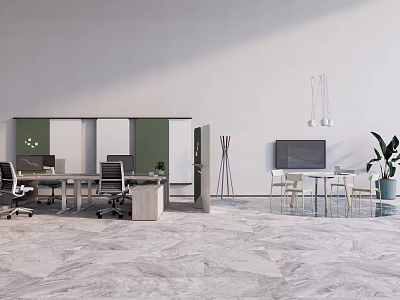 Modern Office Desk With Minimalist Design Office Chair Partition Pendant Lights And Marble Floor 3d model