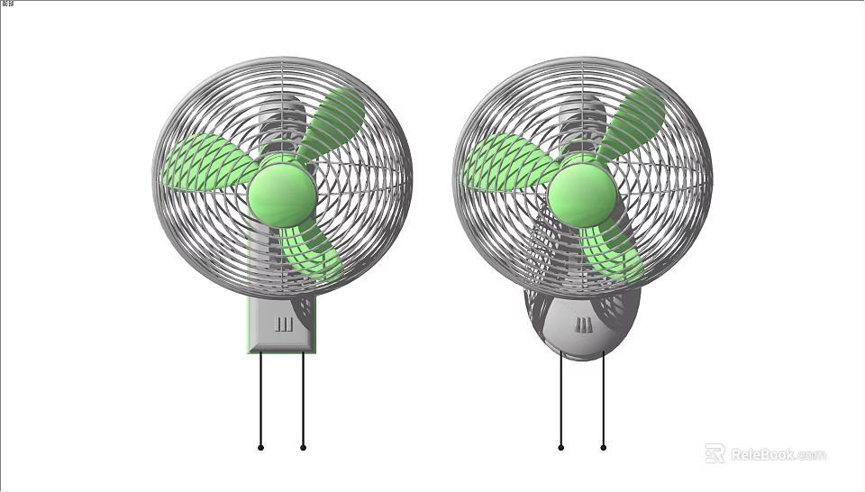 Two Air Conditioning Fans With Green Blades Metal Mesh Grille And Control Base 3d model 