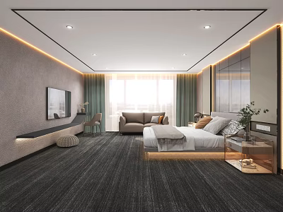 Modern Hotel Room Interior With TV Sofa Bed Large Window Soft Carpet And Decorative Plant 3d model