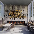 Modern Restaurant Interior With Graffiti Wall Craft Beer Sign Fireplace Dining Table And Bar Counter