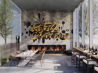 Modern Restaurant Interior With Graffiti Wall Craft Beer Sign Fireplace Dining Table And Bar Counter 3d model