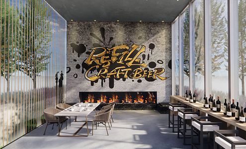 Modern Restaurant Dining Room Graffiti Background Wall Dining Tableware Wine Bottle Display Niche Fireplace Wall Painting 3d model