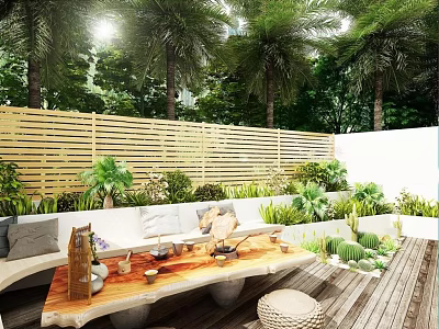 Tropical Garden Landscape With Wooden Fence Palm Trees And Outdoor Furniture 3d model