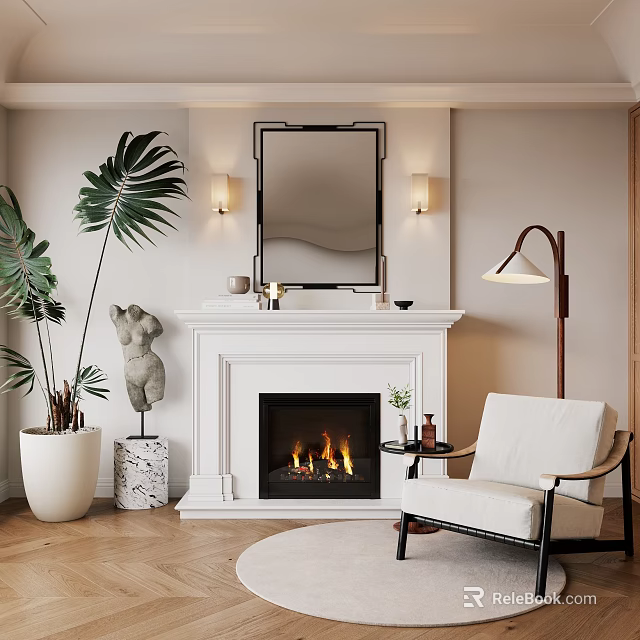 Elegant Living Room With White Fireplace And Modern Decor 3d model 