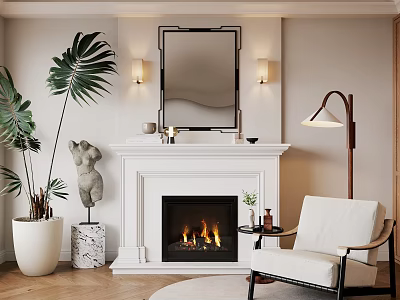 Elegant Living Room With White Fireplace And Modern Decor 3d model