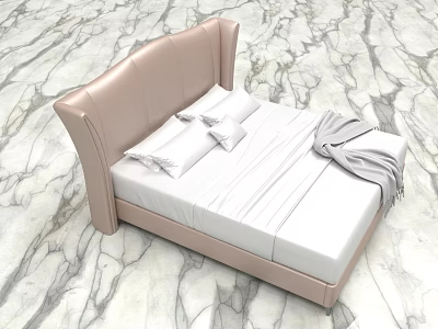 Modern Double Bed With Pink Leather Headboard White Sheets Gray Throw Blanket And Marble Floor 3d model