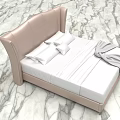 Modern Double Bed With Pink Leather Headboard White Sheets Gray Throw Blanket And Marble Floor