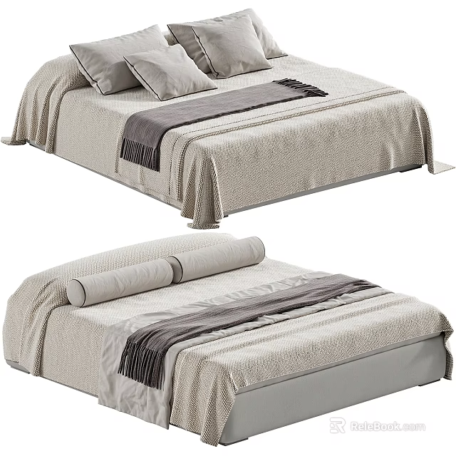 Light Colored Double Bed With Pillows And Blankets In Minimalist Design 3d model 