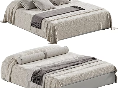 Light Colored Double Bed With Pillows And Blankets In Minimalist Design 3d model