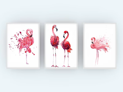 Set of Three Watercolor Flamingo Animal Paintings For Wall Art Decor 3d model