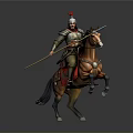 Ancient Armored Warrior Riding Brown Running Horse With Spear And Red Plume Helmet