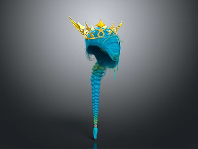 Elegant Game Movie Character With Long Blue Braided Hair And Golden Crown Decorations 3d model