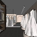 Spacious Bridal Shop Showroom With White Wedding Dresses Hanging Clothes And Display Racks