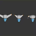 Three Low Poly Style Spaceship Models In White Blue And Orange On Dark Gray Background 3d model